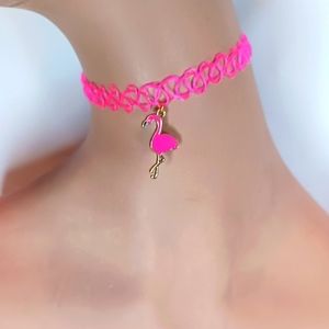 Neon Pink Tattoo Choker Necklace with a Pink & Gold Flamingo.